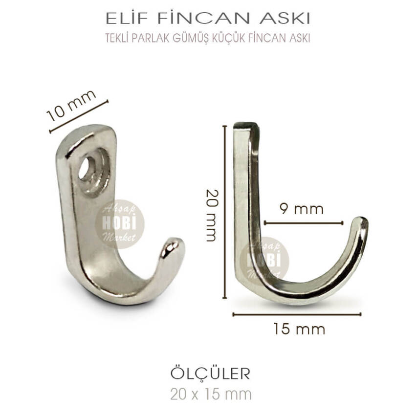 Elif Tekli Fincan Askısı Küçük Boy (20x15 mm) Parlak Gümüş - 2