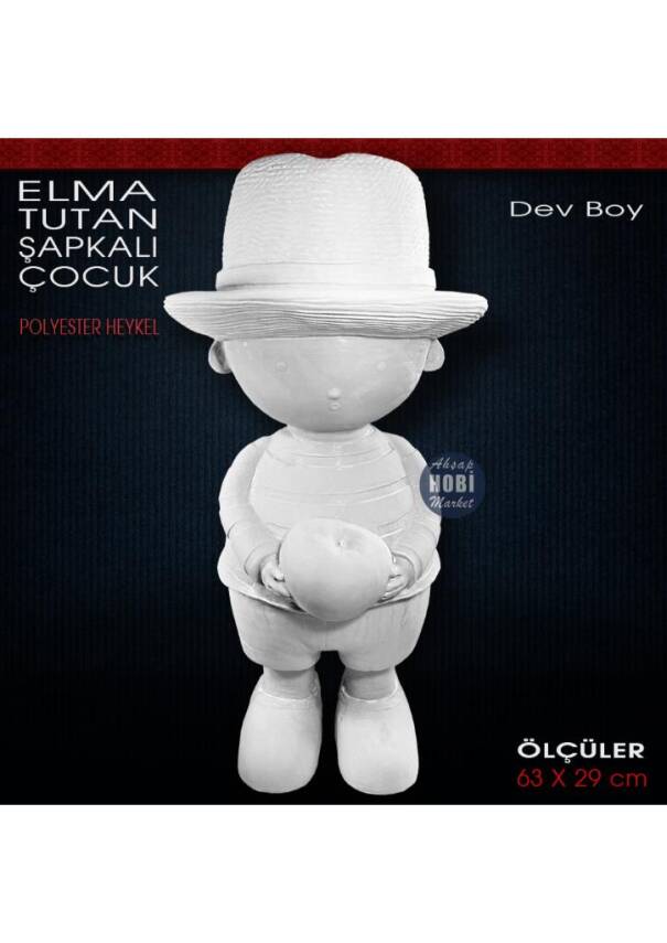Elma Tutan Şapkalı Çocuk Heykeli Dev Boy (63x29 cm) Ham Polyester - 1