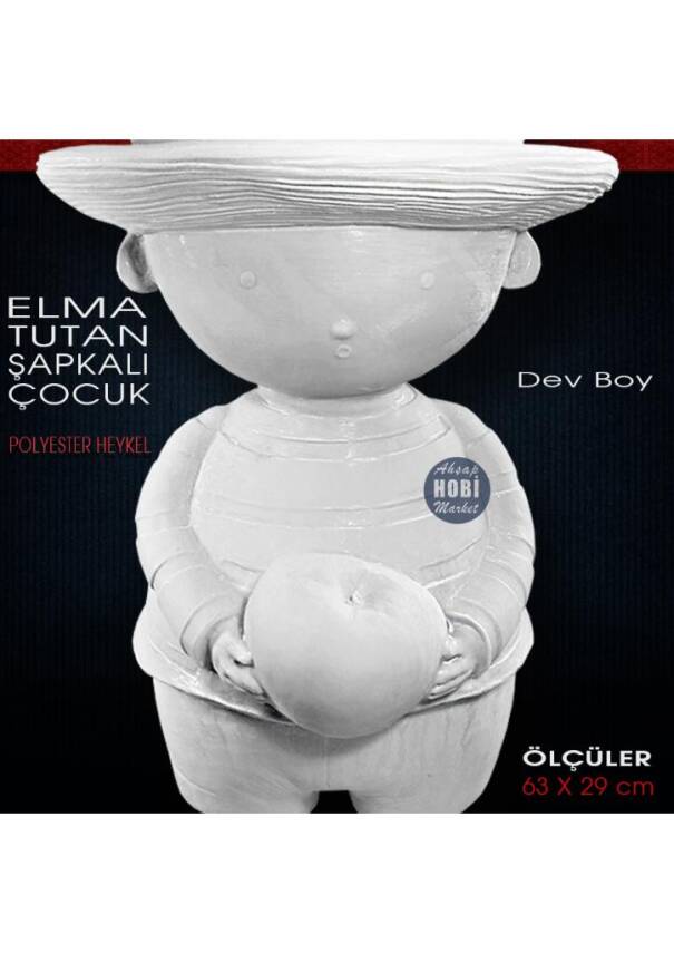 Elma Tutan Şapkalı Çocuk Heykeli Dev Boy (63x29 cm) Ham Polyester - 2