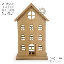 Ev Görünümlü Çok Pencereli Tealight Mumluk (20x12 cm) Ham Ahşap - Tual Hobi Craft İst
