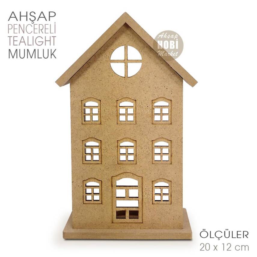 Ev Görünümlü Çok Pencereli Tealight Mumluk (20x12 cm) Ham Ahşap - 1