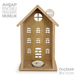 Ev Görünümlü Çok Pencereli Tealight Mumluk (20x12 cm) Ham Ahşap - Tual Hobi Craft İst (1)