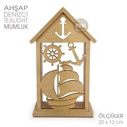 Ev Görünümlü Denizci Tealight Mumluk (20x12 cm) Ham Ahşap - Tual Hobi Craft İst