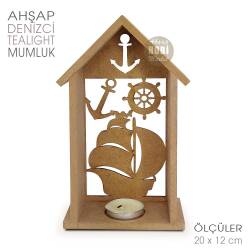 Ev Görünümlü Denizci Tealight Mumluk (20x12 cm) Ham Ahşap - Tual Hobi Craft İst (1)