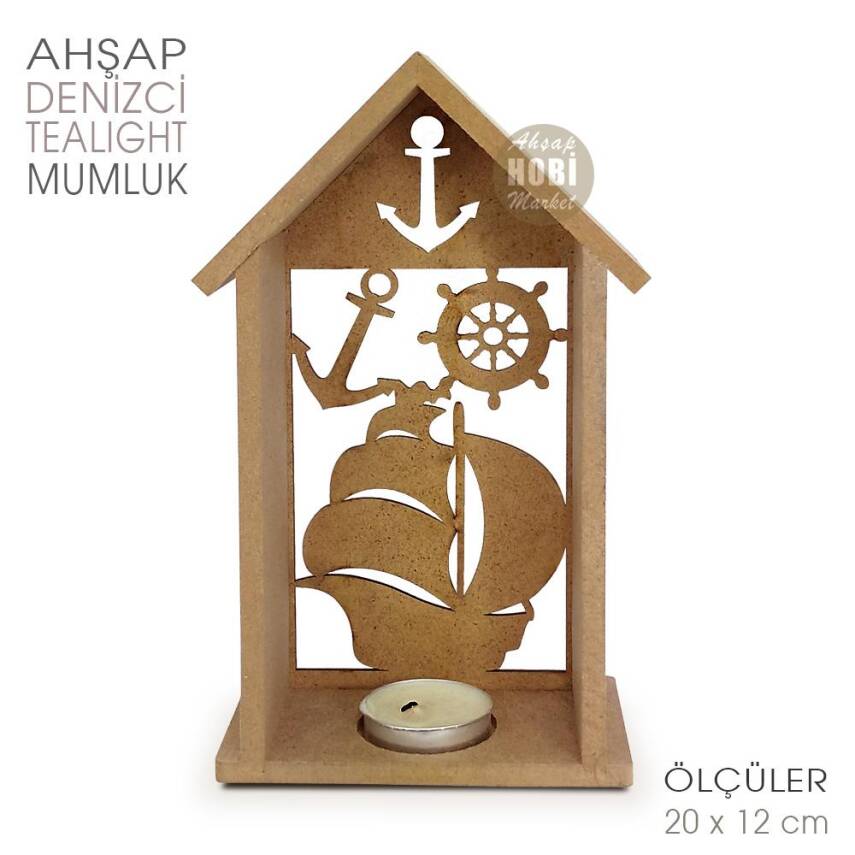 Ev Görünümlü Denizci Tealight Mumluk (20x12 cm) Ham Ahşap - 2