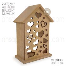 Ev Görünümlü Kalpli Tealight Mumluk (20x12 cm) Ham Ahşap - Tual Hobi Craft İst