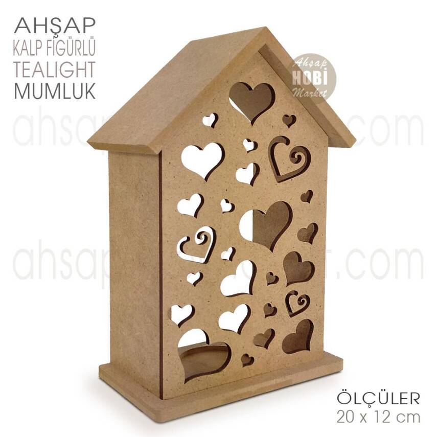 Ev Görünümlü Kalpli Tealight Mumluk (20x12 cm) Ham Ahşap - 1