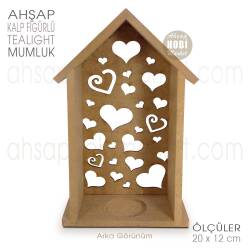 Ev Görünümlü Kalpli Tealight Mumluk (20x12 cm) Ham Ahşap - Tual Hobi Craft İst (1)