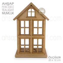 Ev Görünümlü Pencereli Tealight Mumluk (20x12 cm) Ham Ahşap - Tual Hobi Craft İst