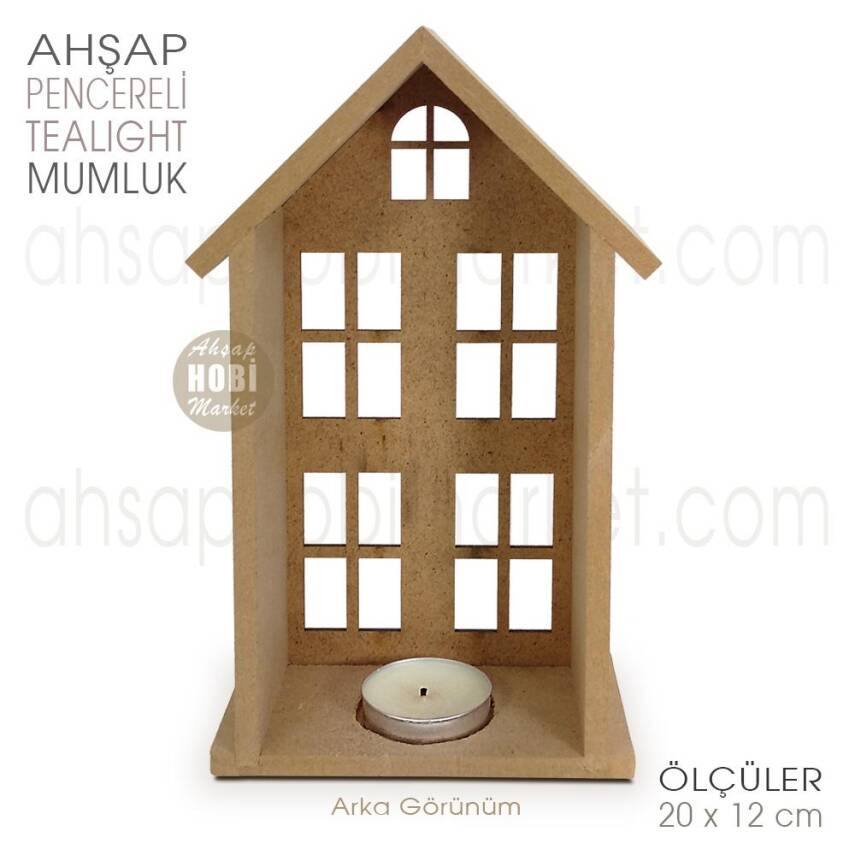 Ev Görünümlü Pencereli Tealight Mumluk (20x12 cm) Ham Ahşap - 2