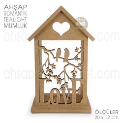 Ev Görünümlü Romantik Tealight Mumluk (20x12 cm) Ham Ahşap - Tual Hobi Craft İst