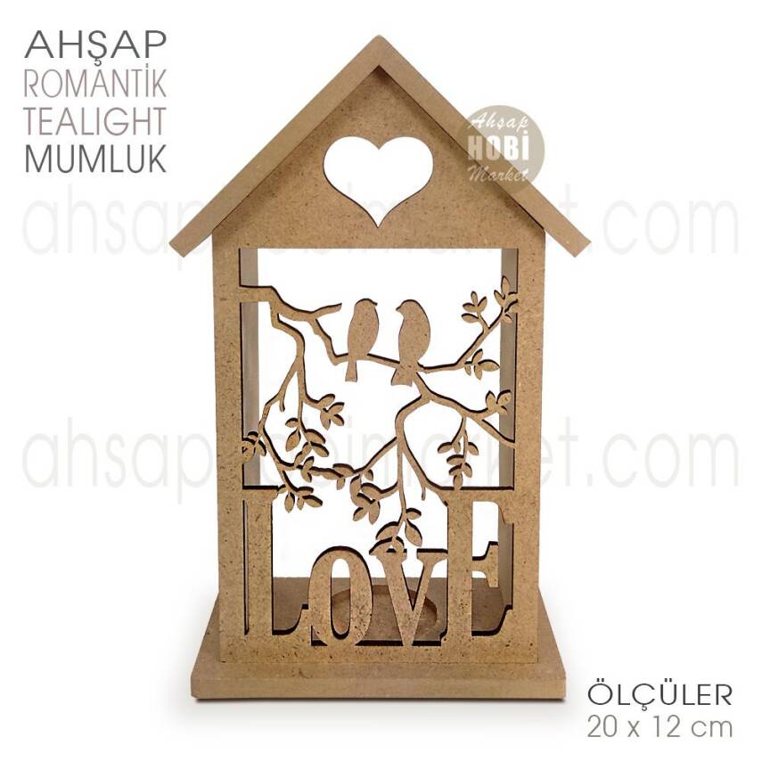 Ev Görünümlü Romantik Tealight Mumluk (20x12 cm) Ham Ahşap - 1