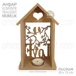 Ev Görünümlü Romantik Tealight Mumluk (20x12 cm) Ham Ahşap - Tual Hobi Craft İst (1)