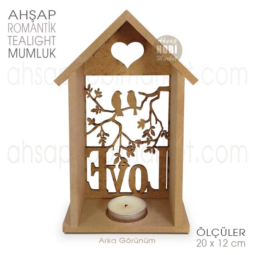 Ev Görünümlü Romantik Tealight Mumluk (20x12 cm) Ham Ahşap - 2
