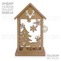 Ev Görünümlü Yılbaşı Tealight Mumluk (20x12 cm) Ham Ahşap - Tual Hobi Craft İst