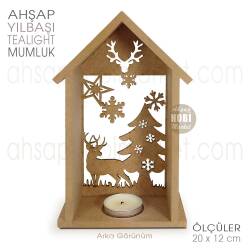 Ev Görünümlü Yılbaşı Tealight Mumluk (20x12 cm) Ham Ahşap - Tual Hobi Craft İst (1)