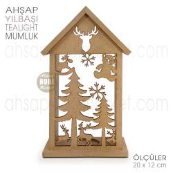 Ev Görünümlü Yılbaşı Tealight Mumluk (20x12 cm) Ham Ahşap - Tual Hobi Craft İst