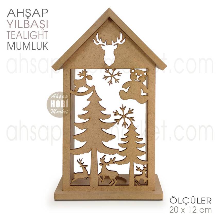 Ev Görünümlü Yılbaşı Tealight Mumluk (20x12 cm) Ham Ahşap - 1