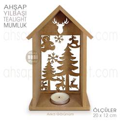 Ev Görünümlü Yılbaşı Tealight Mumluk (20x12 cm) Ham Ahşap - Tual Hobi Craft İst (1)