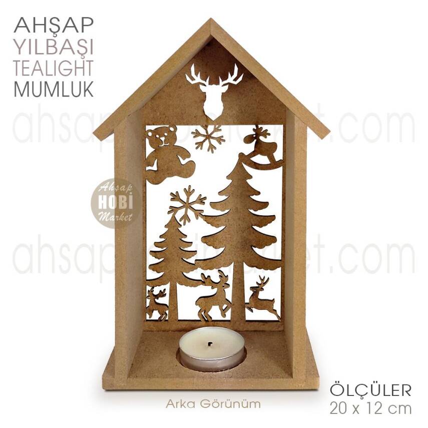 Ev Görünümlü Yılbaşı Tealight Mumluk (20x12 cm) Ham Ahşap - 2