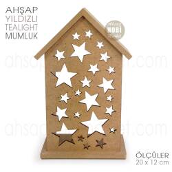 Ev Görünümlü Yıldızlı Tealight Mumluk (20x12 cm) Ham Ahşap - Tual Hobi Craft İst