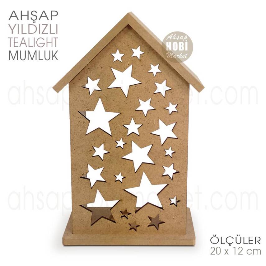 Ev Görünümlü Yıldızlı Tealight Mumluk (20x12 cm) Ham Ahşap - 1