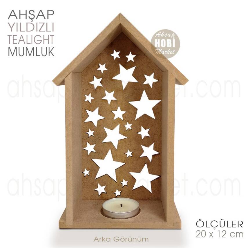 Ev Görünümlü Yıldızlı Tealight Mumluk (20x12 cm) Ham Ahşap - 2