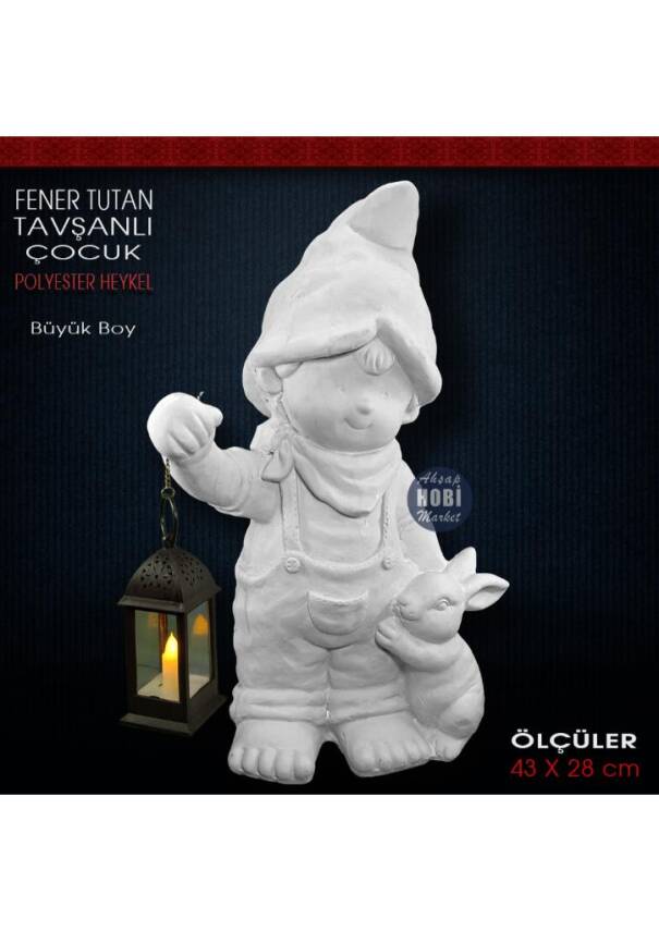 Fener Tutan Tavşanlı Çocuk Heykeli (43x28 cm) Ham Polyester - 1