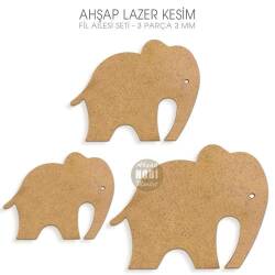 Fil Ailesi Figürleri Seti (3 Parça) Ahşap Lazer Kesim - Tual Hobi Sanat