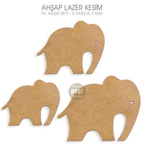 Fil Ailesi Figürleri Seti (3 Parça) Ahşap Lazer Kesim - 1