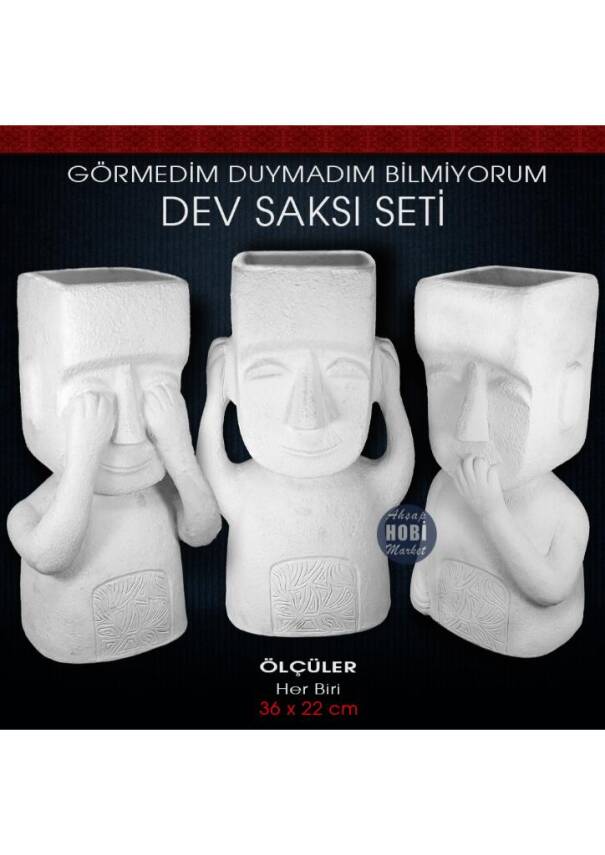 Görmedim Duymadım Bilmiyorum Saksı Seti Dev Boy (3 Parça) Ham Polyester - 1
