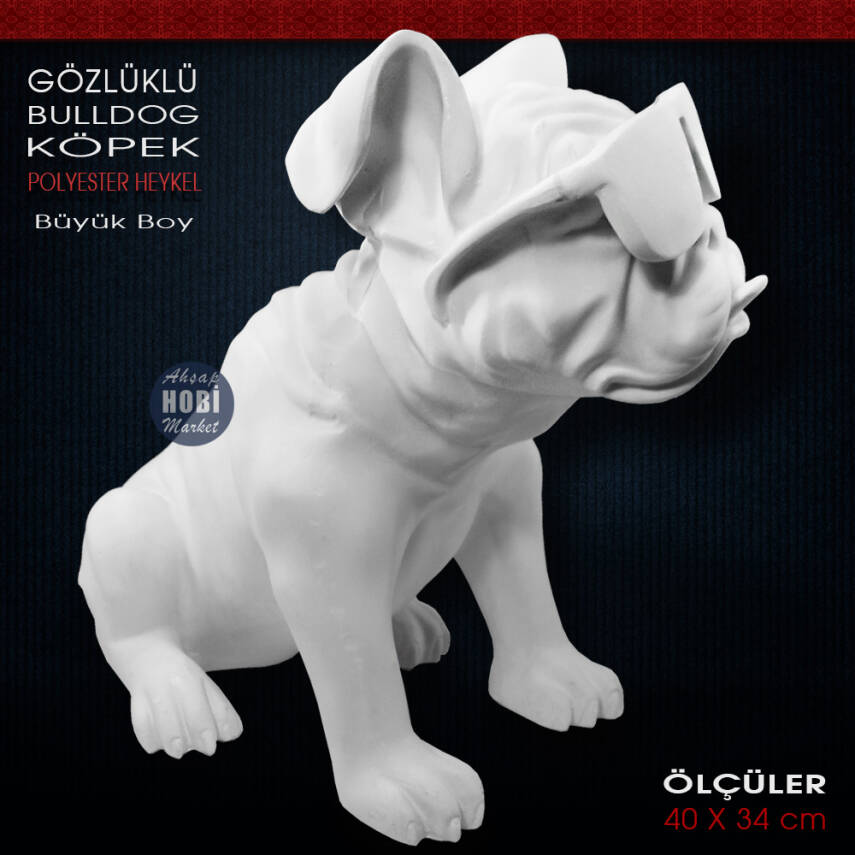 Gözlüklü Bulldog Köpek Heykeli Dev Boy (40x34 cm) Polyester - 2