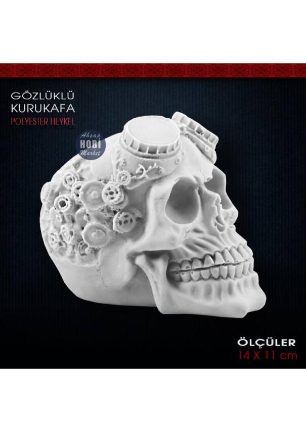 Gözlüklü Kurukafa Biblo Heykeli (14x11 cm) Ham Polyester - 1