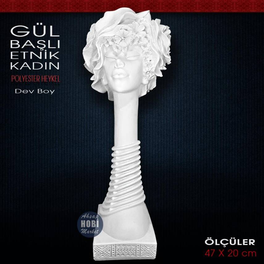 Gül Başlı Etnik Kadın Biblo Dev Boy (47x20 cm) Ham Polyester - 1