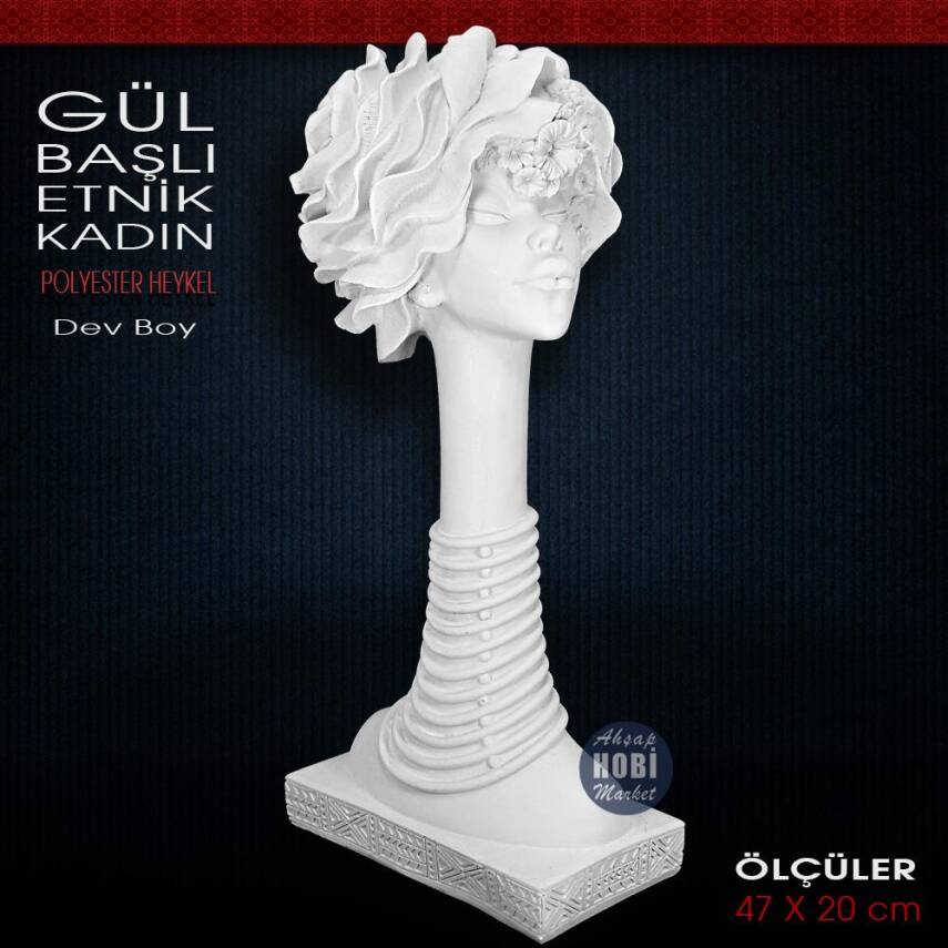 Gül Başlı Etnik Kadın Biblo Dev Boy (47x20 cm) Ham Polyester - 2