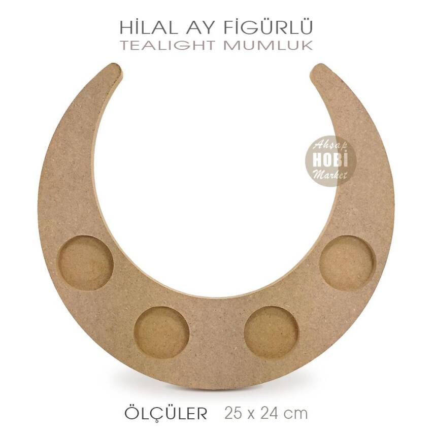 Hilal Ay Figürlü Tealight Mumluk (25x24 cm) Ham Ahşap - 1