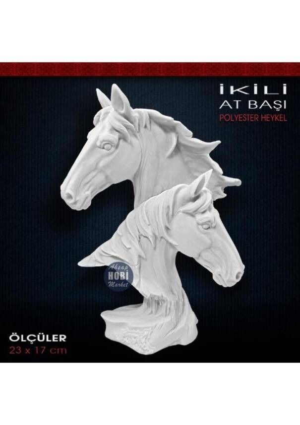 İkili At Başı Biblo Heykel (23x17 cm) Ham Polyester - 1