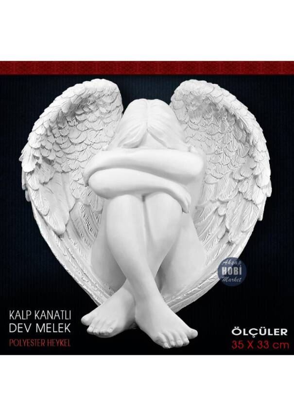 Kalp Kanatlı Dev Melek Heykeli (35x33 cm) Ham Polyester - 1