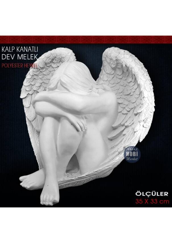 Kalp Kanatlı Dev Melek Heykeli (35x33 cm) Ham Polyester - 2