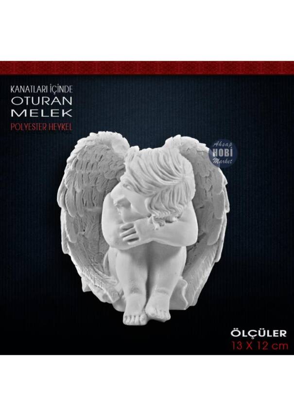 Kanatları İçinde Oturan Melek Biblo (13x12 cm) Ham Polyester - 1