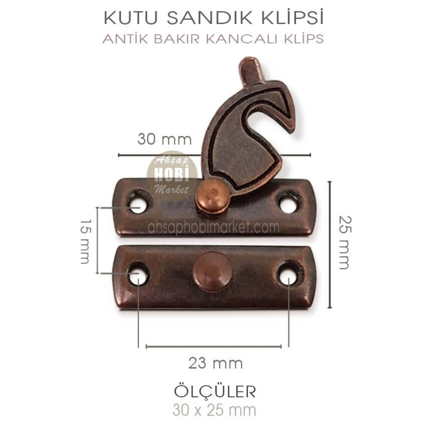 Kancalı Kutu Sandık Klipsi Orta (30x25 mm) Antik Bakır - 2