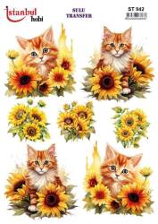 Kedi Çiçek Desenli Sulu Transfer Kağıdı STI-942 - Tual Hobi Craft İst
