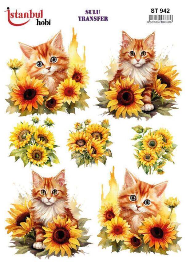 Kedi Çiçek Desenli Sulu Transfer Kağıdı STI-942 - 1