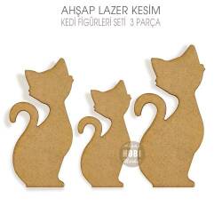 Kedi Figürleri Seti (3 Parça) Lazer Kesim Ahşap - Tual Hobi Sanat
