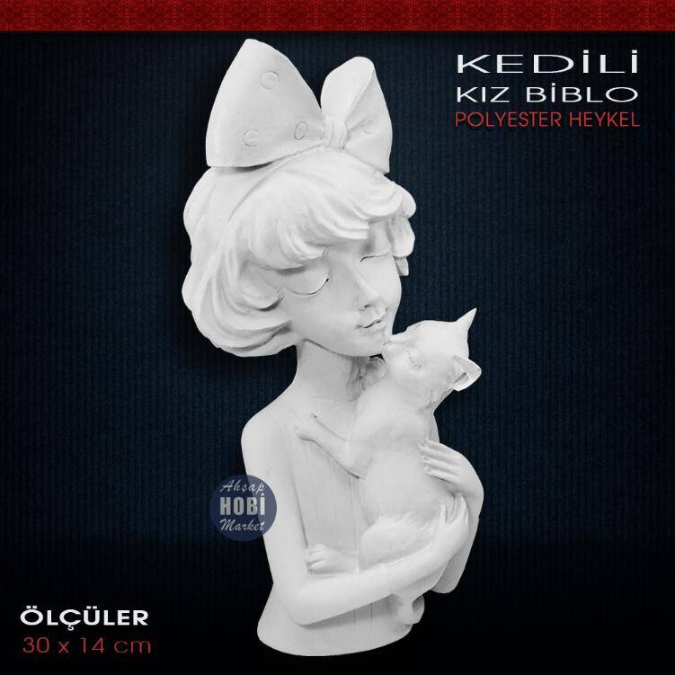 Kedili Kız Biblo Heykel (30x14 cm) Ham Polyester - 1