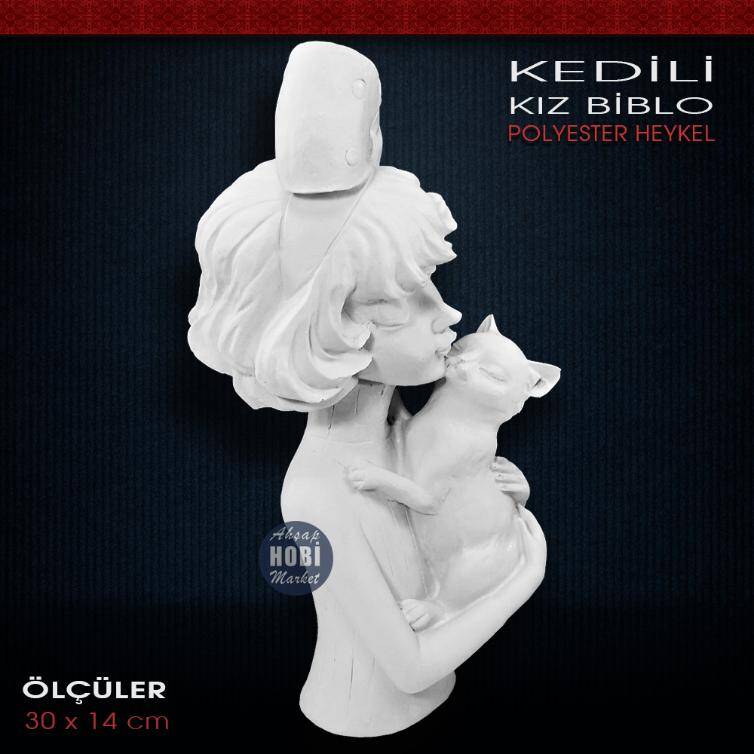 Kedili Kız Biblo Heykel (30x14 cm) Ham Polyester - 2