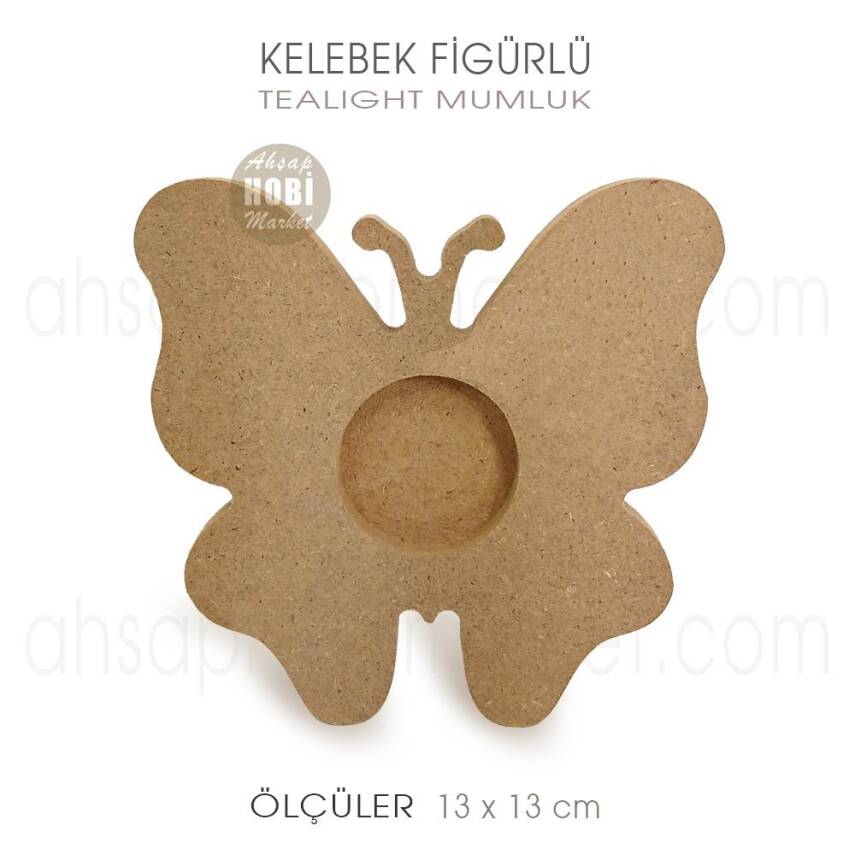 Kelebek Figürlü Tealight Mumluk (13x13 cm) Ham Ahşap - 1