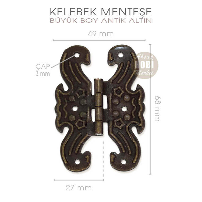 Kelebek Menteşe Antik Altın Büyük Boy (68x49 mm) Vida Hediyeli - 2