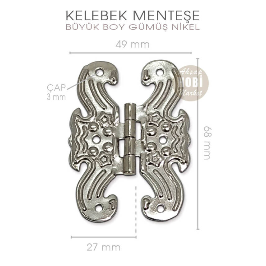 Kelebek Menteşe Gümüş Nikel Büyük Boy (68x49 mm) Vida Hediyeli - 2