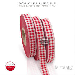 Kırmızı Beyaz Pötikare Jakarlı Kurdele (Genişlik 1,2 cm) 1 Metre - Tual Hobi Sanat